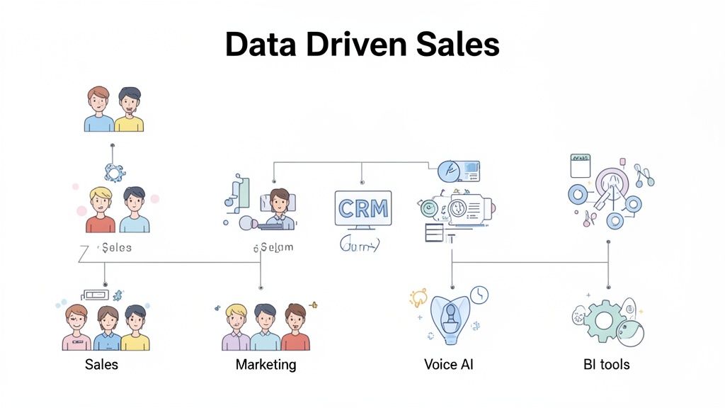 Diagram illustrating a data-driven sales process connecting sales, marketing, CRM, Voice AI, and BI tools.