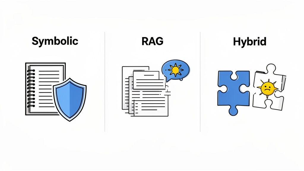 Icons representing Symbolic, RAG, and Hybrid AI models for knowledge agents.