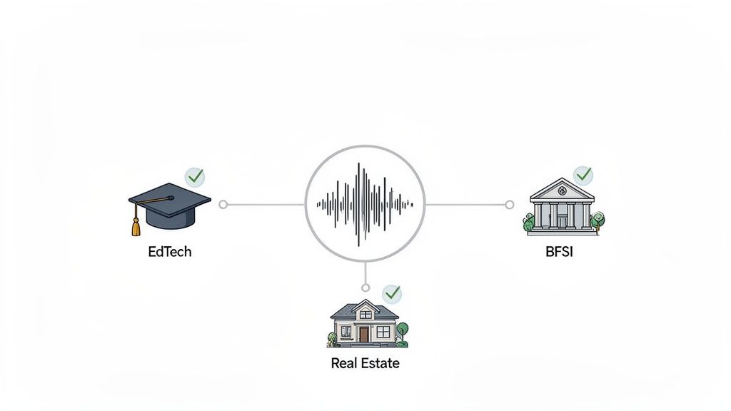 Sound wave graphic connecting to EdTech, BFSI, and Real Estate industry icons with checkmarks.