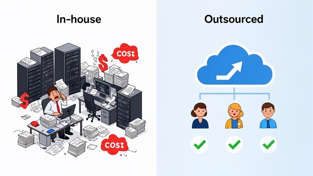 Cartoon comparing a cluttered, costly in-house IT department with efficient, scalable outsourced cloud services.