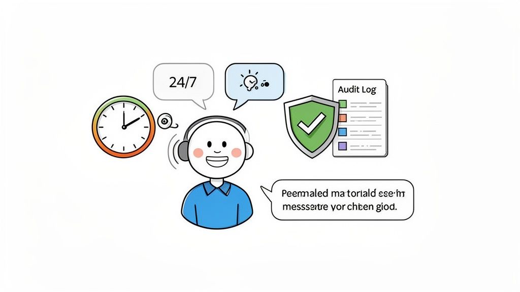 A cartoon support agent with a headset, clock for 24/7, security shield, and audit log.