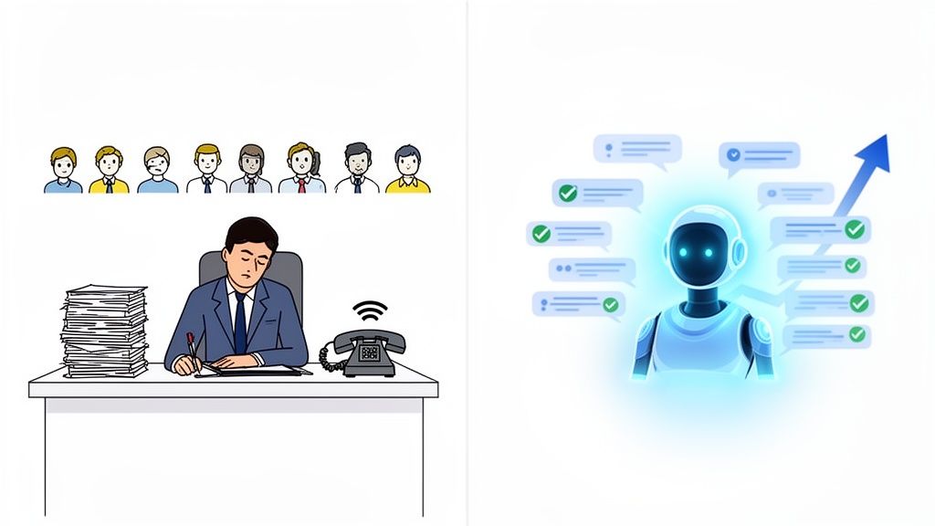 A person struggling with paperwork and calls next to an efficient AI agent handling multiple requests.