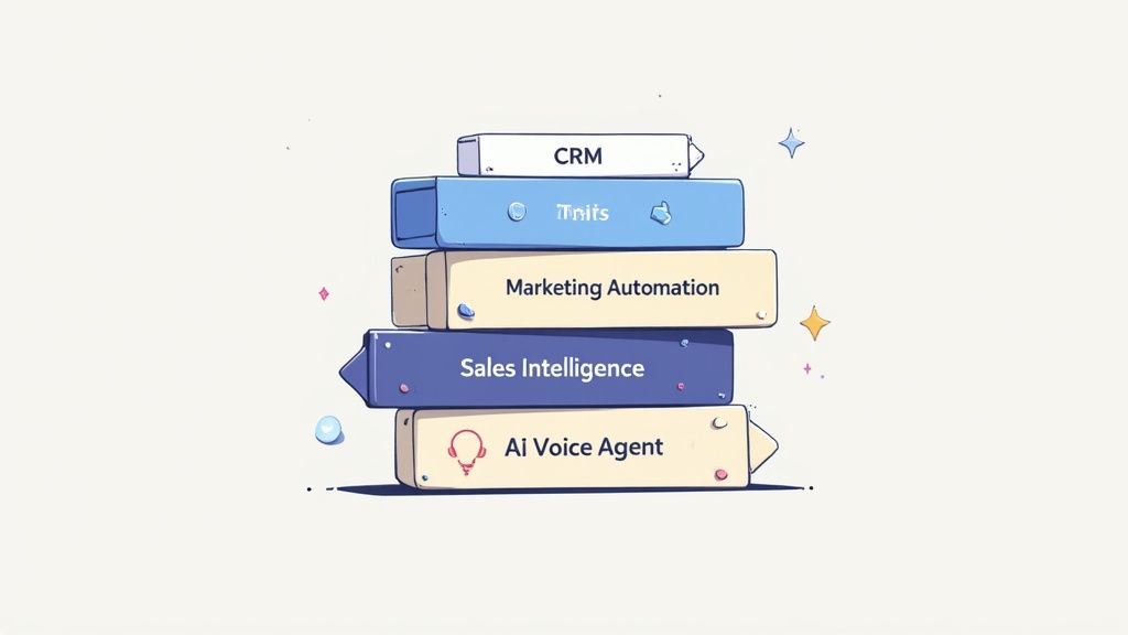 Stack of blocks illustrating CRM, Tnits, Marketing Automation, Sales Intelligence, and AI Voice Agent.