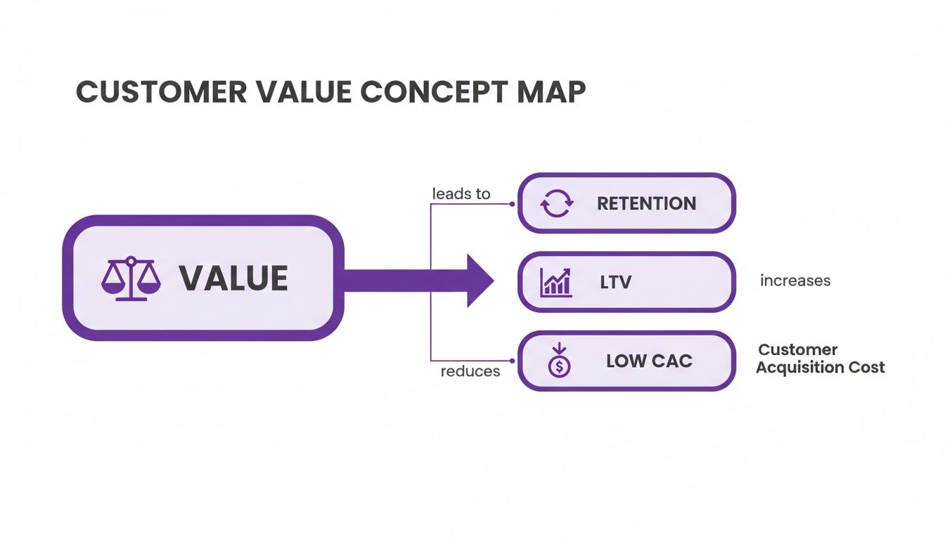 A customer value concept map illustrates value leading to retention, increased LTV, and reduced CAC.