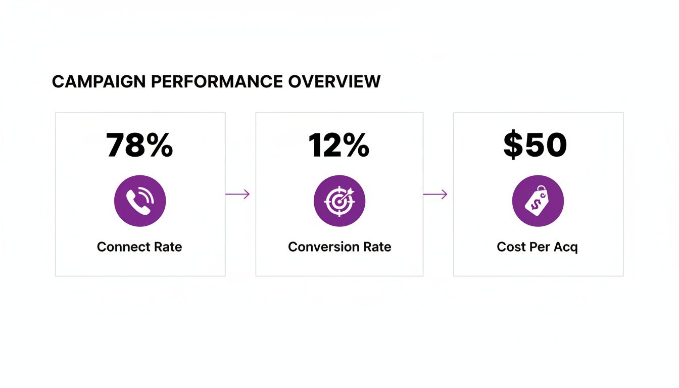 A campaign performance overview displaying connect rate, conversion rate, and cost per acquisition metrics.