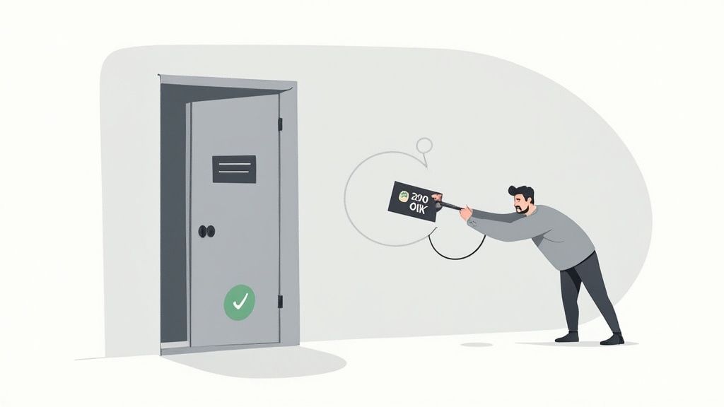 An illustration of a man pulling a '200 OIK' sign through a door with a green checkmark, symbolizing success.