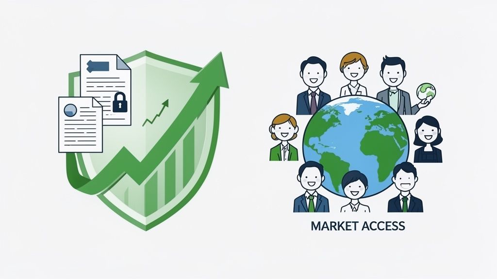 An illustration showing secure document management, financial growth, and global market access with diverse business people.