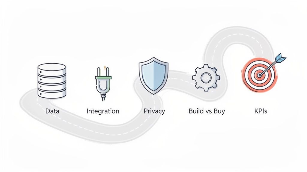 A visual roadmap showing a business process: Data, Integration, Privacy, Build vs Buy, and KPIs.