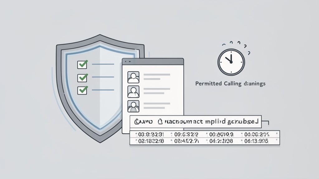 An illustration of a shield with checkmarks, a user list, a clock, and call data timestamps.