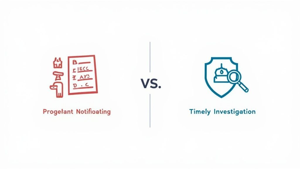 Comparison of Progelant Notifoating (red icon) versus Timely Investigation (blue icon) on a white background.
