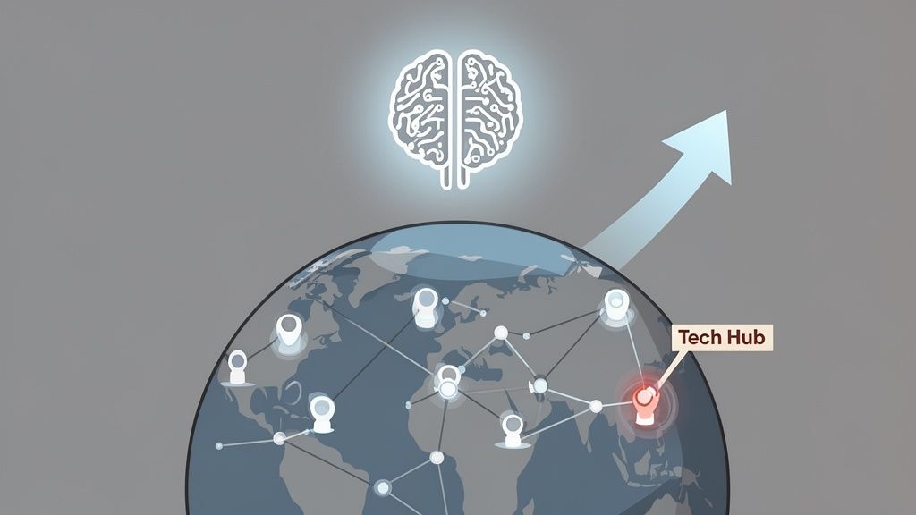 A glowing brain icon above a globe showing a global tech network, a 'Tech Hub' and an upward arrow, signifying intelligent growth.