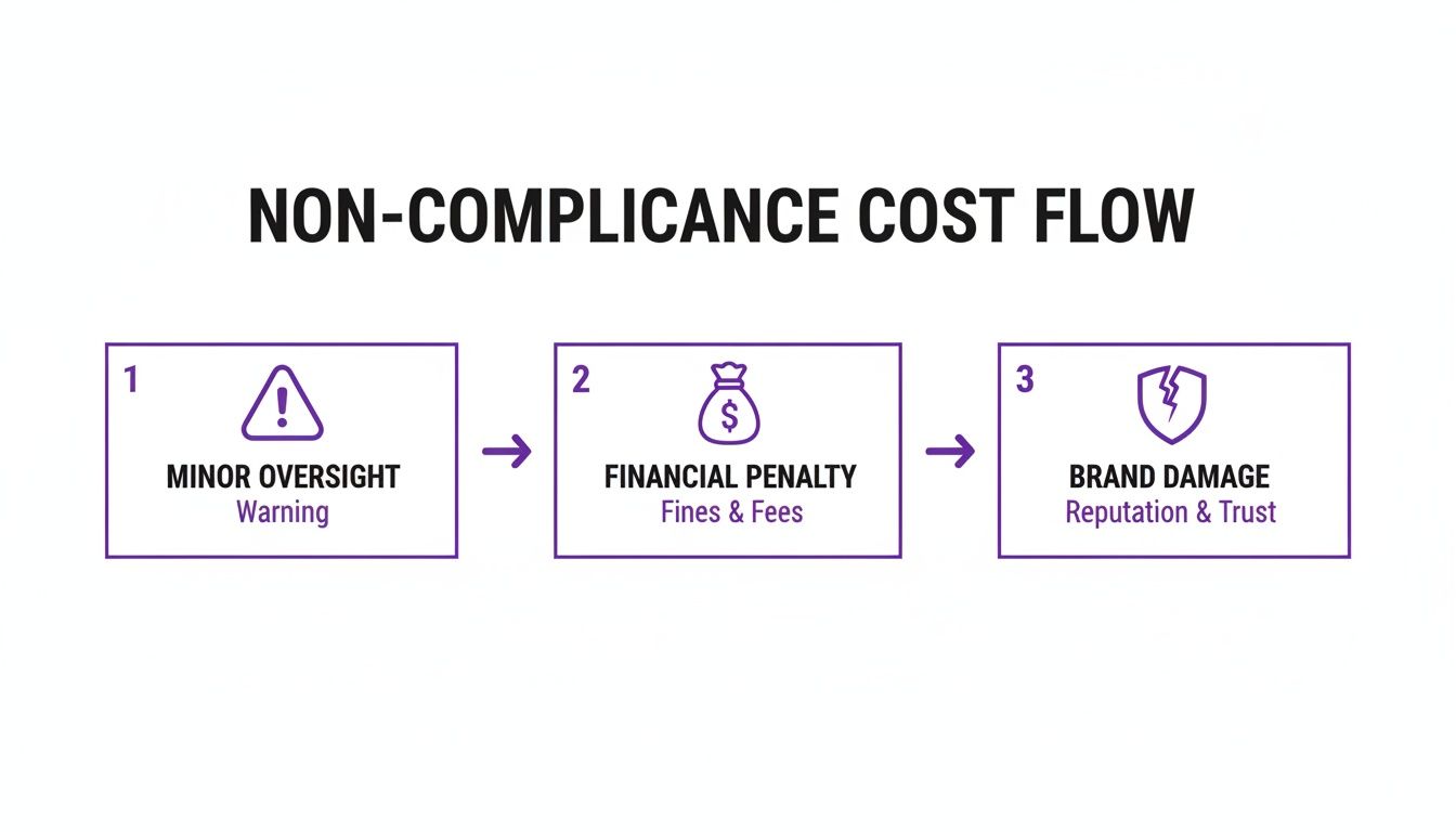 Flowchart illustrating the escalating costs of non-compliance, from minor oversight to financial penalties and brand damage.