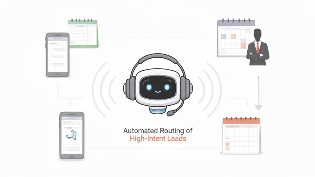 A robot chatbot routes high-intent leads from mobile phones to a sales representative's calendar.