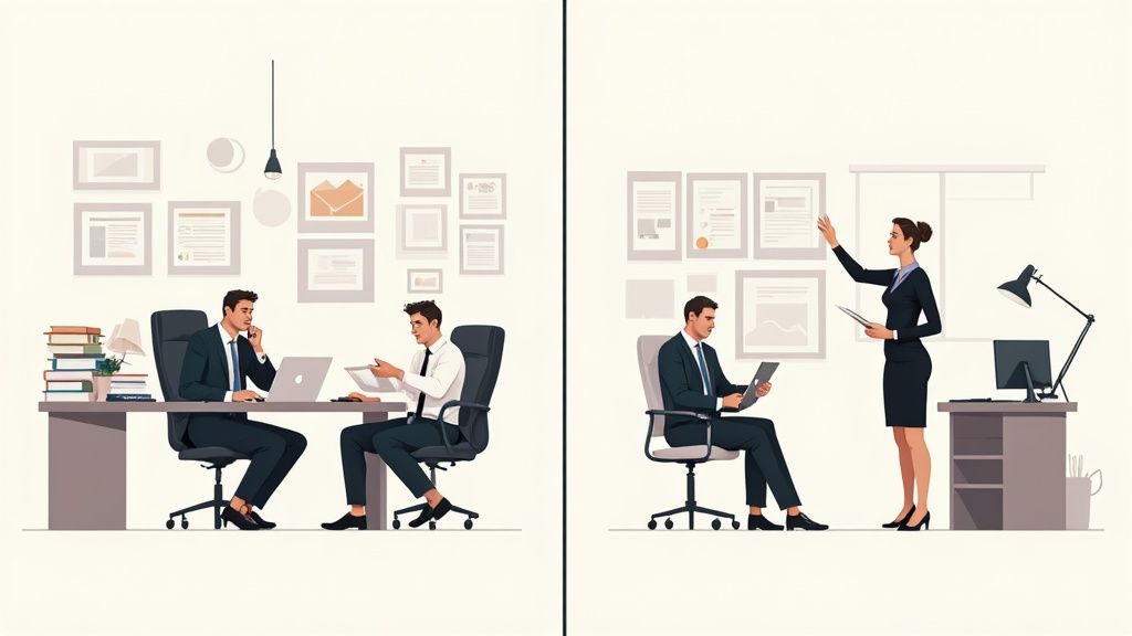 Two office scenes depicting business professionals collaborating, working on laptops, and presenting information.