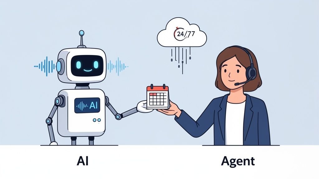 An AI robot exchanges a calendar with a human call center agent, depicting AI assistance in customer service with 24/7 cloud support.