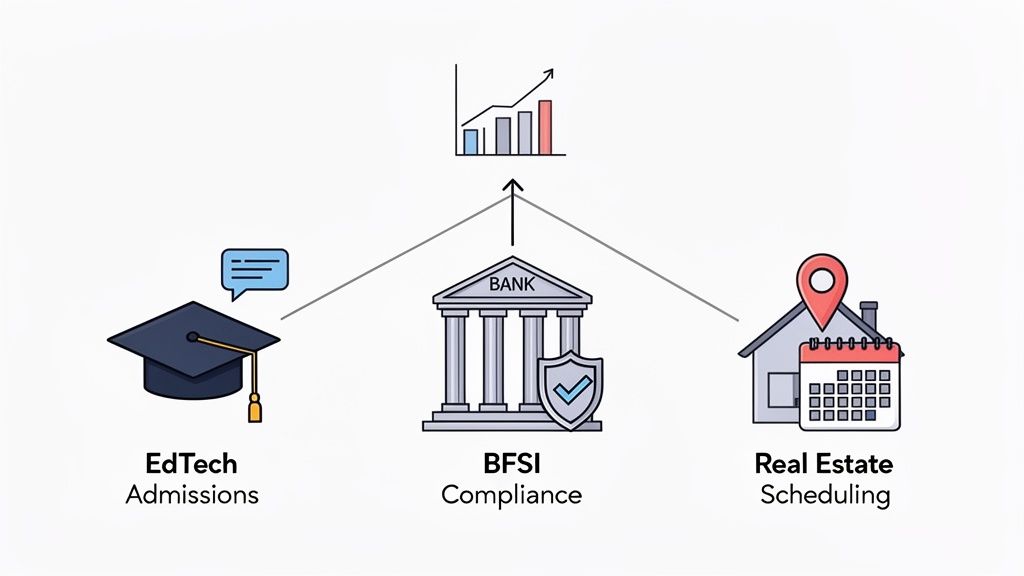 A diagram showing EdTech, BFSI, and Real Estate industries contributing to business growth.