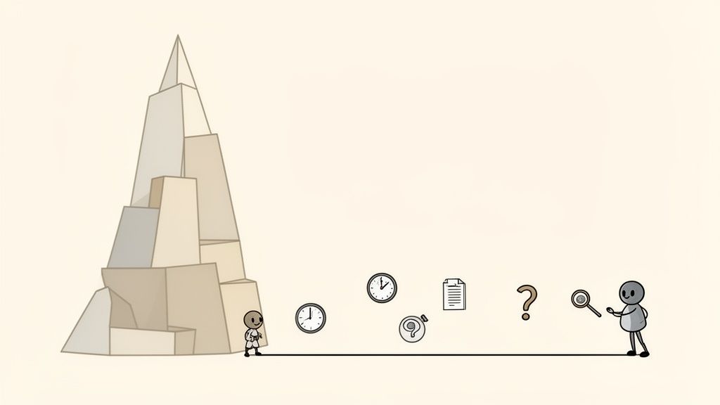 Cartoon showing a small person at a mountain base and another analyzing challenges with tools.