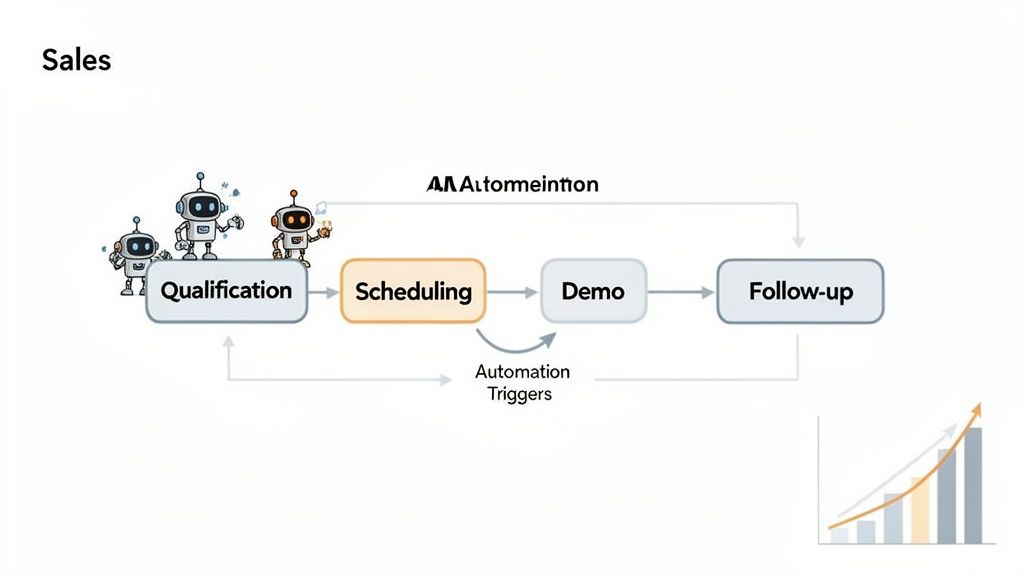 A sales process flowchart showing qualification, scheduling, demo, and follow-up stages with automation.