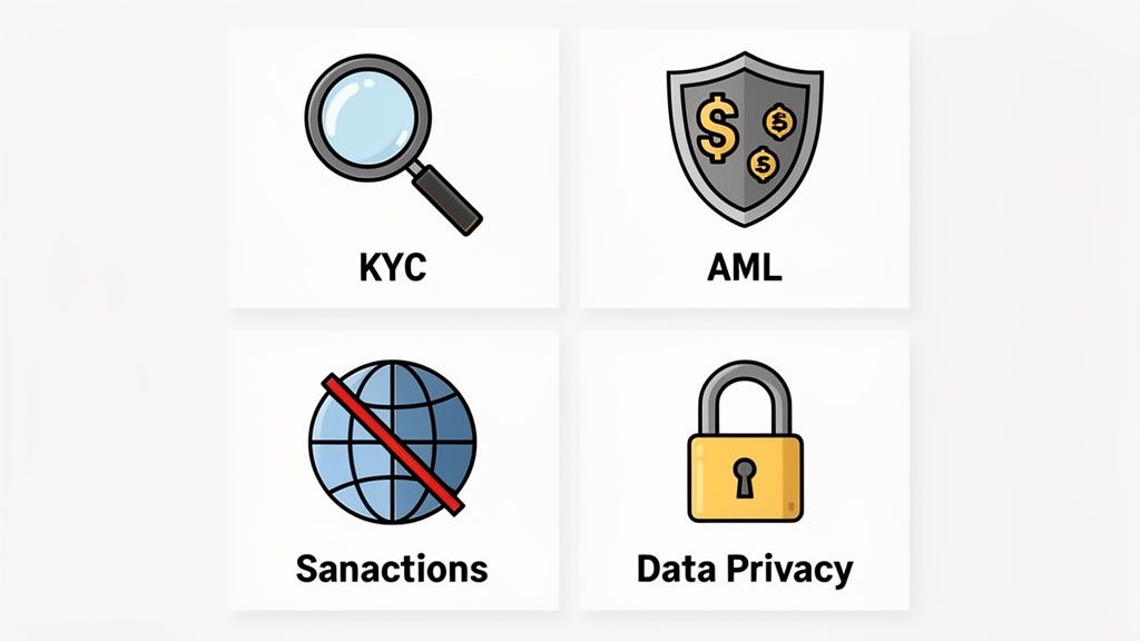 Four icons representing banking compliance concepts: KYC, AML, Sanctions, and Data Privacy.