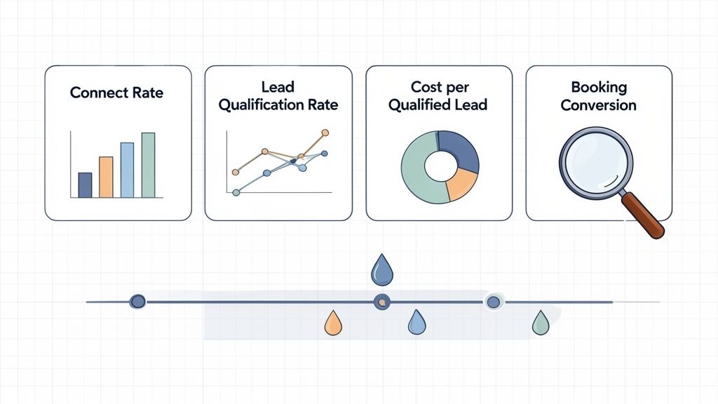 Illustration of lead generation metrics: connect rate, lead qualification, cost per qualified lead, and booking conversion.