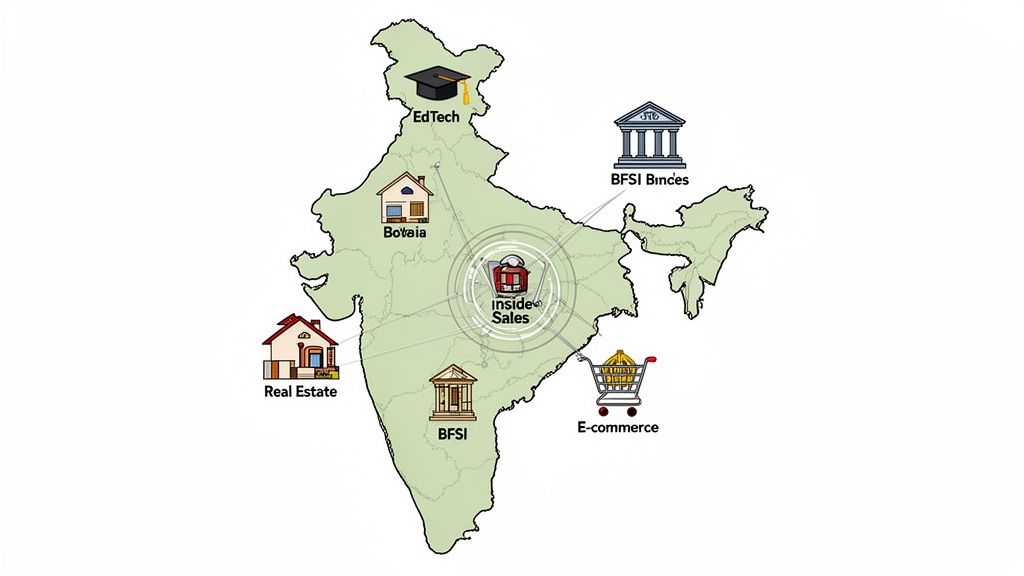 Map of India highlighting Inside Sales at the core, connecting various sectors like EdTech, Real Estate, BFSI, and E-commerce.