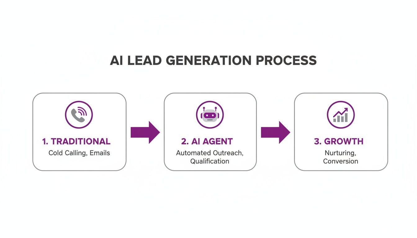 Diagram illustrating the AI lead generation process with steps: Traditional, AI Agent, and Growth stages.