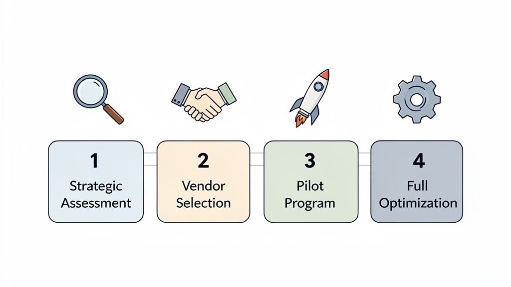 A four-step business process showing Strategic Assessment, Vendor Selection, Pilot Program, and Full Optimization.