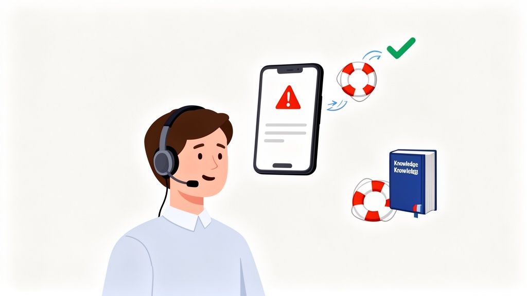 Customer support agent helps resolve a phone error with knowledge base and swift action.