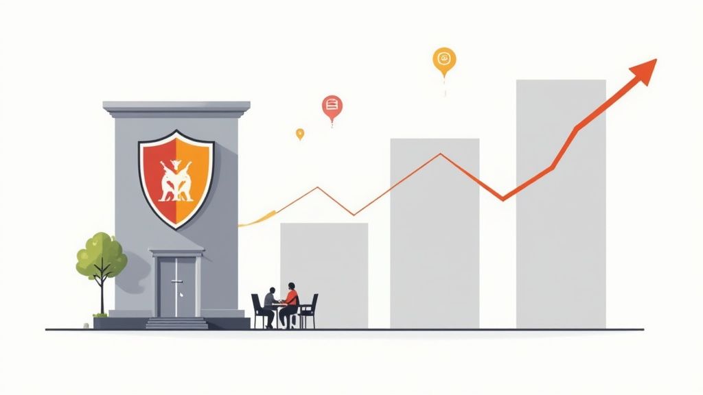 Illustration of a corporate building, people, and a financial growth chart with an upward trend.