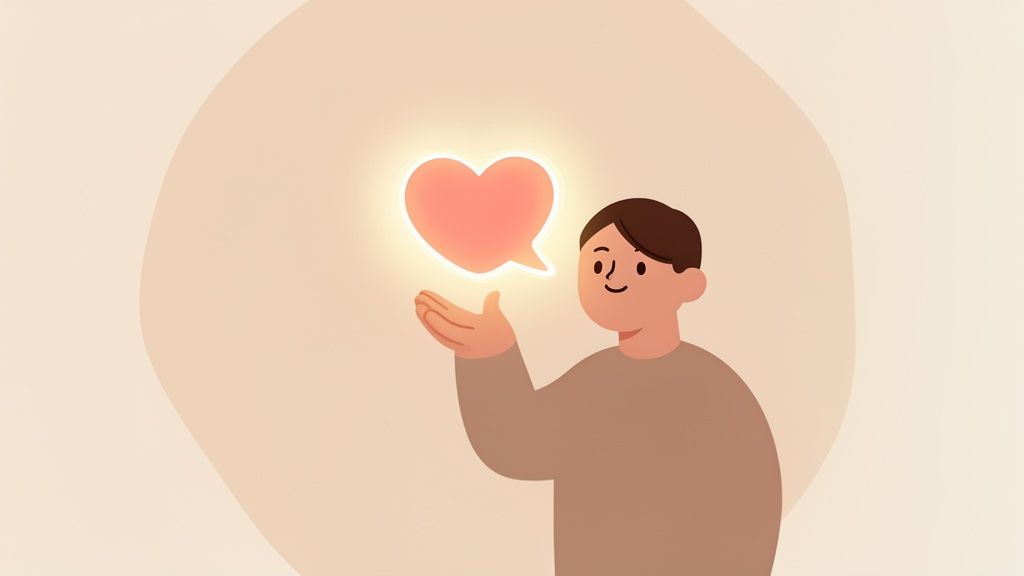 Friendly cartoon person holds a glowing heart speech bubble, representing customer care and positive communication.