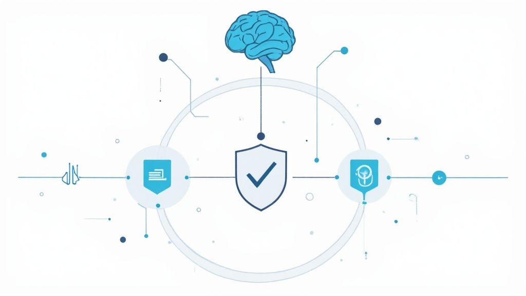 A conceptual diagram showing a brain connected to a security shield, linking to data and analysis icons.