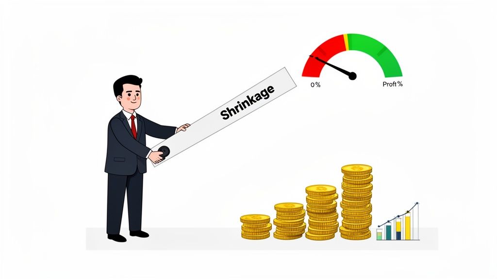 Illustration of shrinkage impacting business profit indicated by a gauge, coins, and a bar chart.