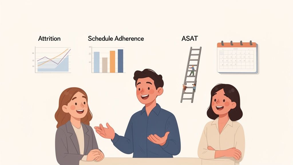Three team members discuss key performance indicators including attrition, schedule adherence, and ASAT, visualized with graphs.