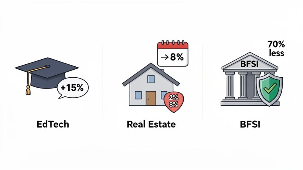 Three icons representing industry trends: EdTech with +15%, Real Estate with 2%-8%, and BFSI with 70% less.
