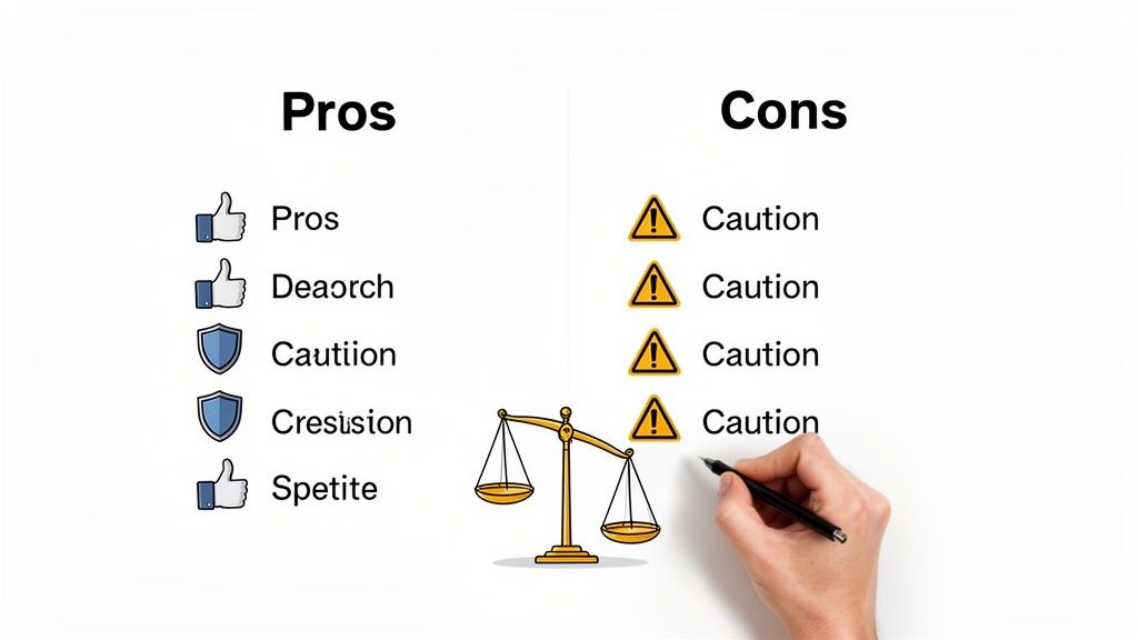 A whiteboard showing 'Pros' and 'Cons' lists, weighing scales, and a hand writing with a pen.