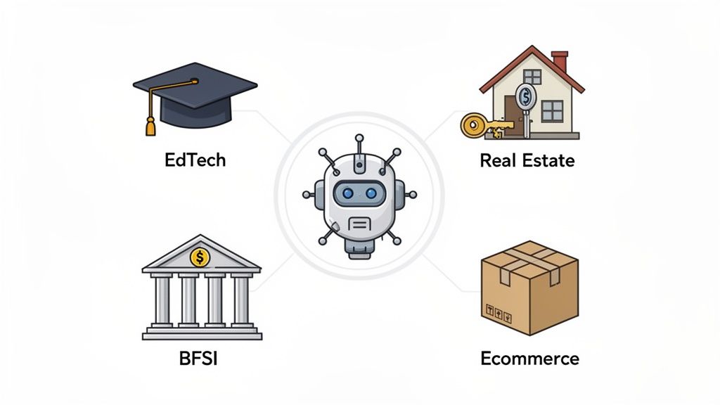 Conversational AI applications across various industries like education, real estate, finance, and e-commerce.
