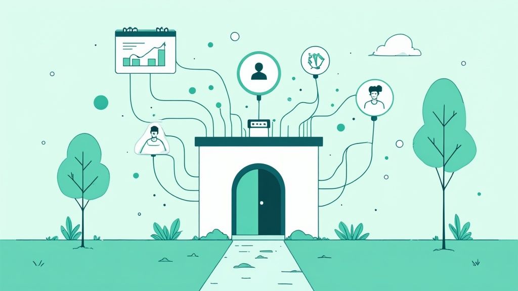 An illustration of a central building acting as a hub connecting various data and user icons.