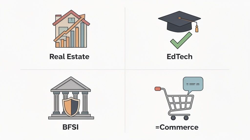 Four distinct icons representing industries: Real Estate, EdTech, BFSI, and Commerce, on a white background.