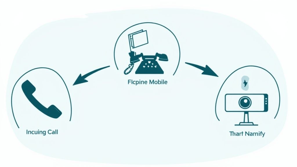 Diagram illustrating a communication flow from an incoming call to a mobile device and then to a video unit.