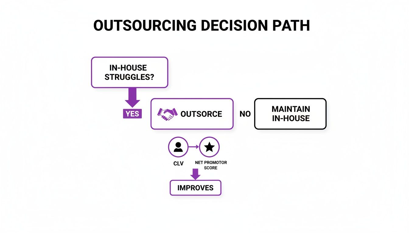 A flowchart outlining the outsourcing decision path, starting with in-house struggles and leading to outsourcing for improved CLV and Net Promoter Score.
