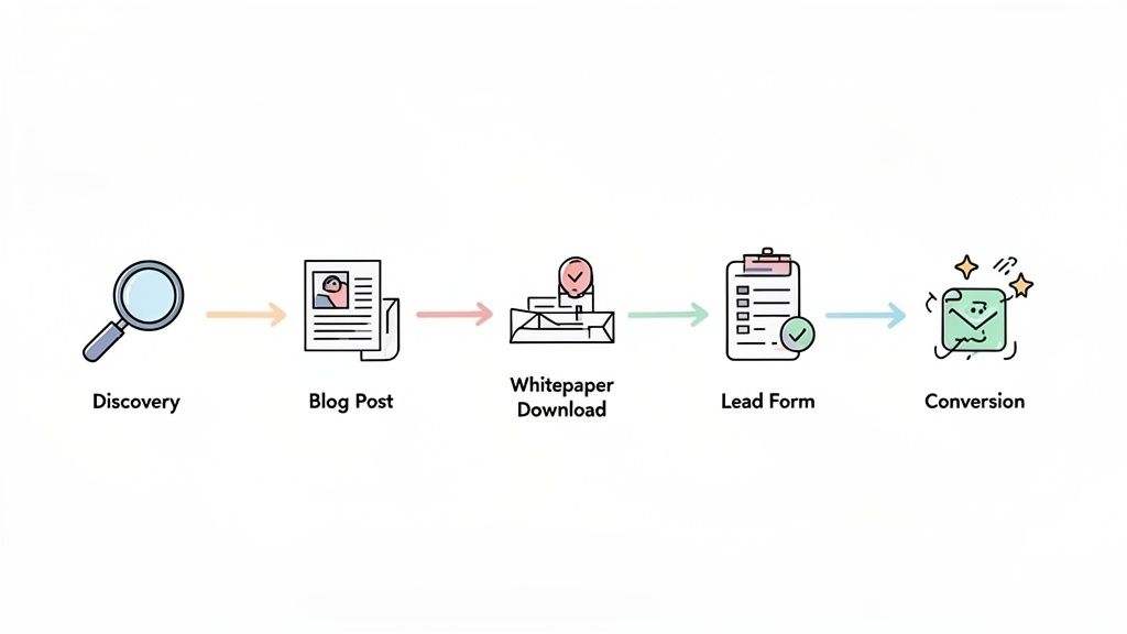 A marketing funnel illustration showing steps: Discovery, Blog Post, Whitepaper Download, Lead Form, and Conversion.
