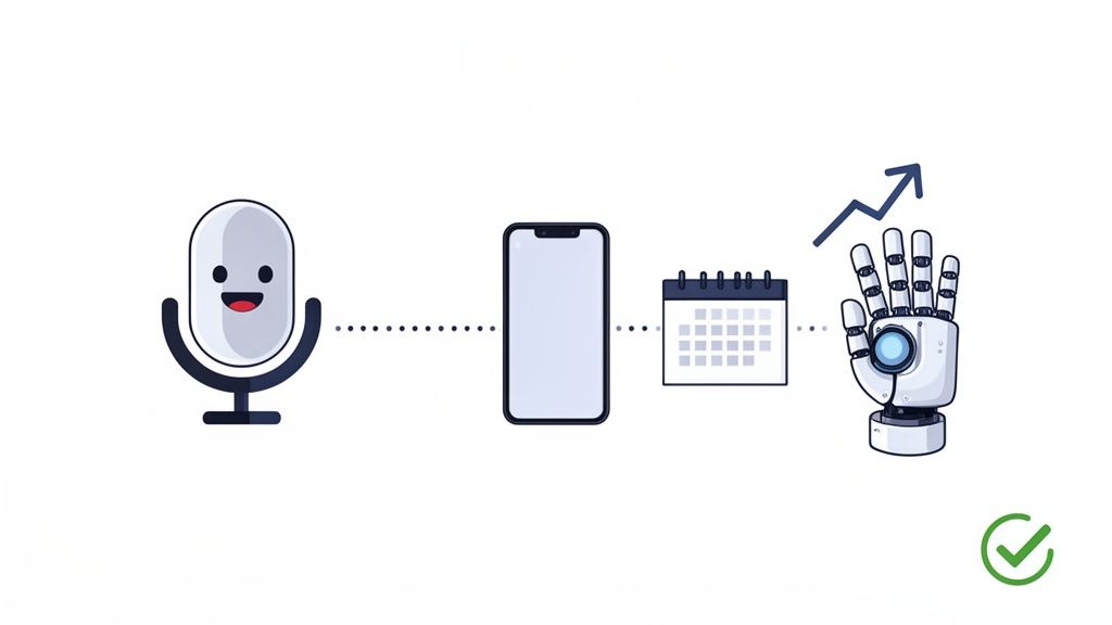 A voice assistant (microphone) interacts with a smartphone to schedule tasks (calendar) with AI (robot hand) for increased productivity.