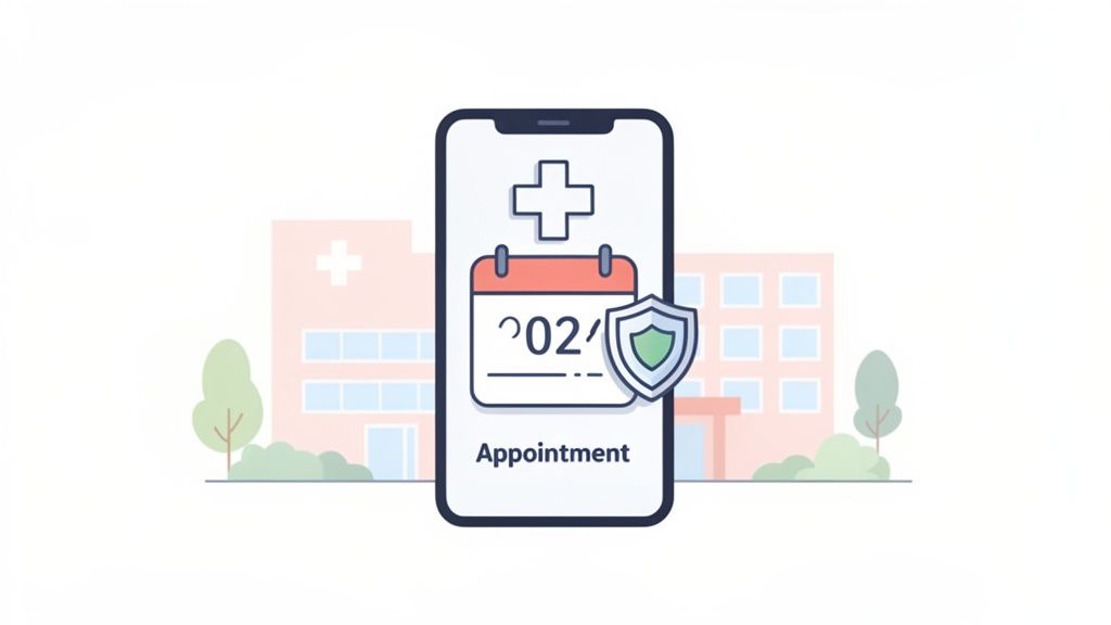 A smartphone displaying a medical appointment calendar with a security shield, against a hospital background.