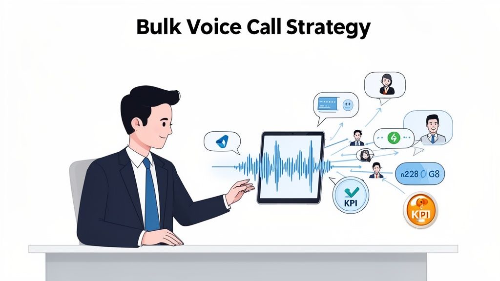 Illustration of a man managing a bulk voice call strategy, showing a tablet with sound waves, user profiles, and performance metrics (KPI).