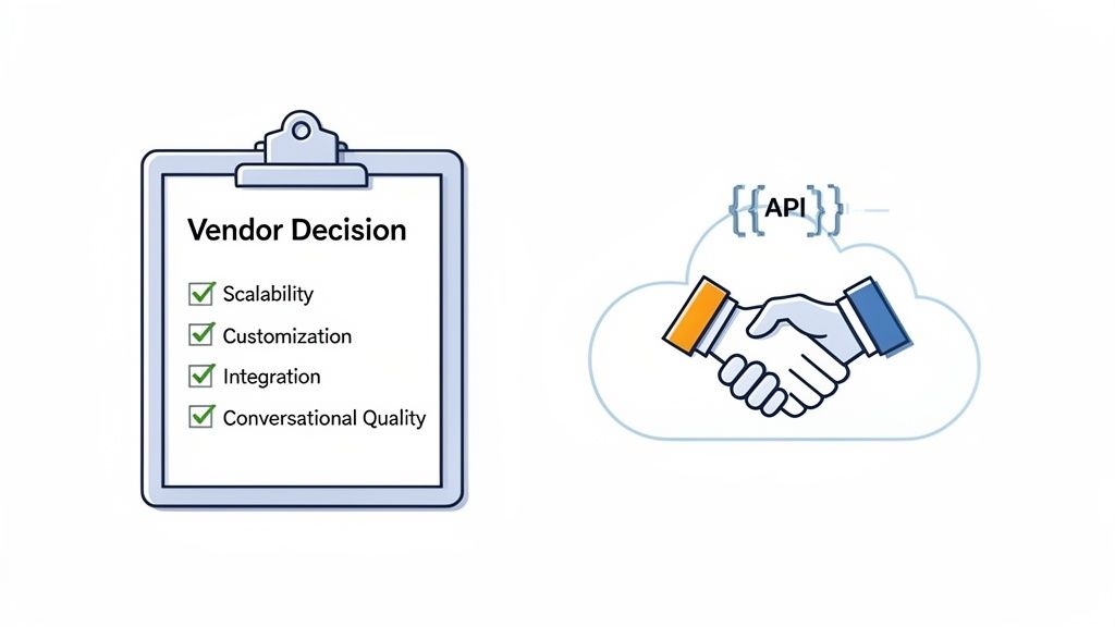 Vendor decision checklist with checked items: scalability, customization, integration, conversational quality, next to an API handshake in a cloud.