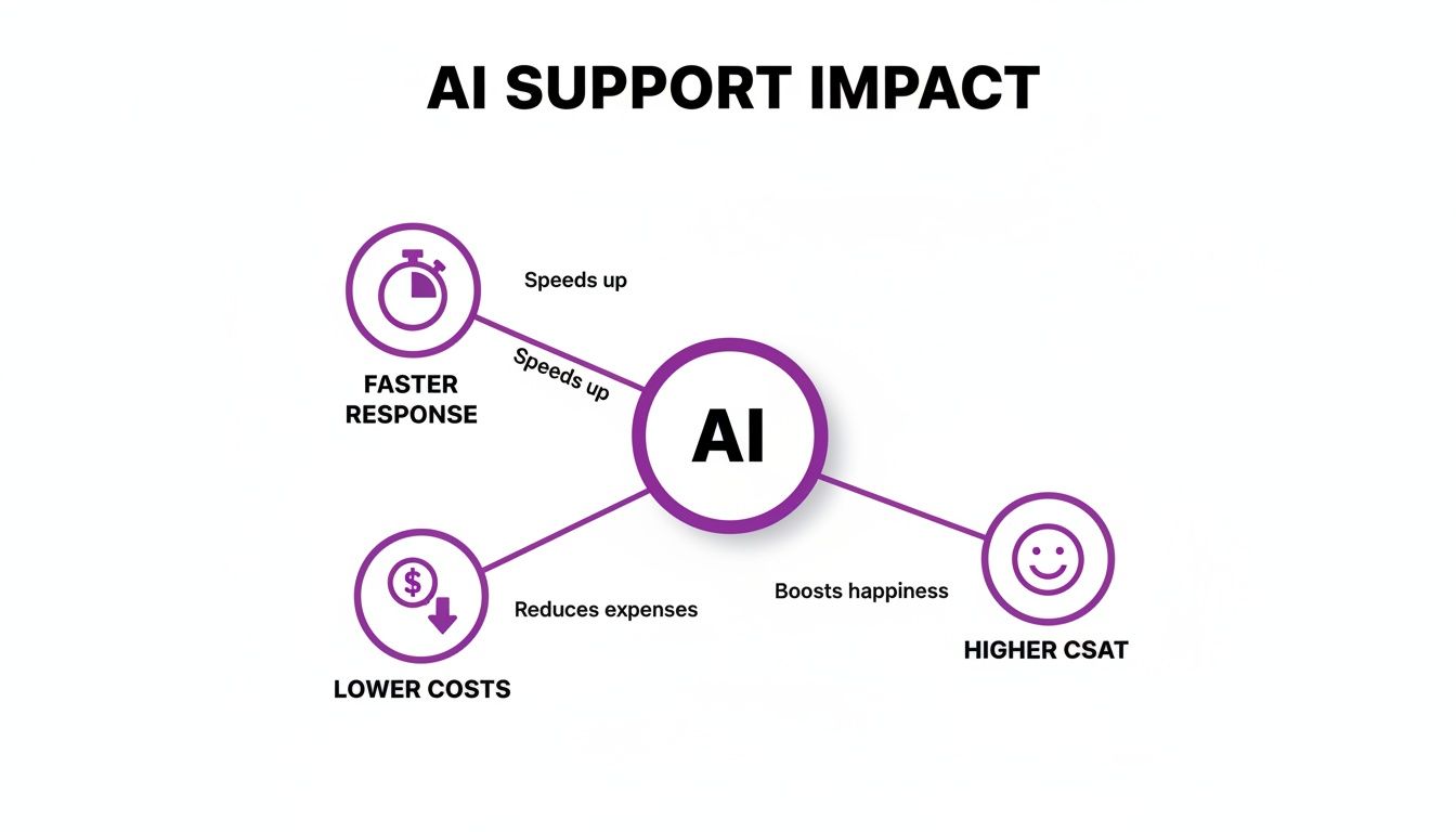AI support impact diagram illustrating benefits like faster response, lower costs, and increased customer satisfaction.