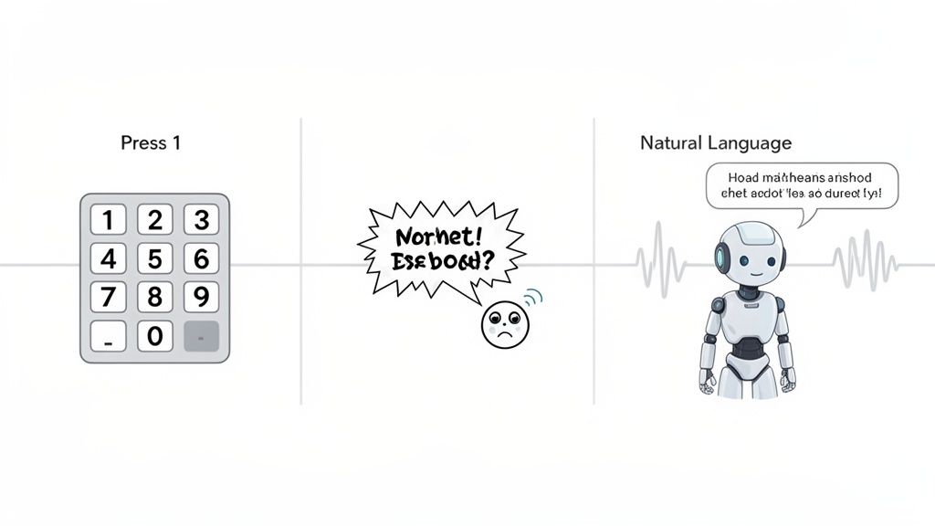 Illustration comparing confusing keypad IVR to a friendly robot using natural language processing.