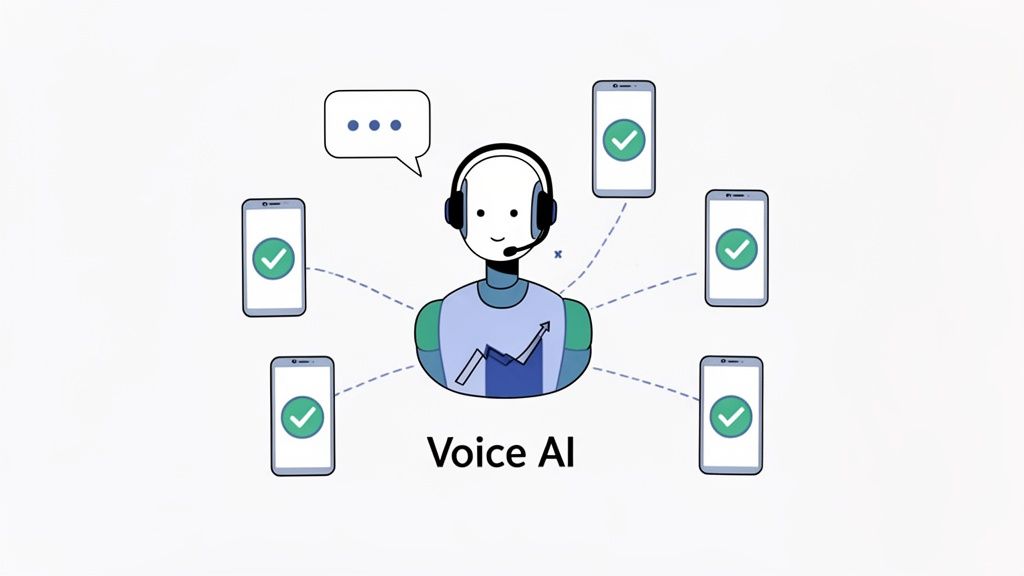 A cartoon illustration of a Voice AI robot with a headset interacting with five smartphones, each showing a green checkmark.
