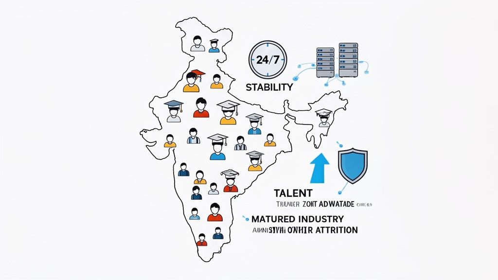 Map of India showcasing skilled workforce, stability, and a matured industry, ideal for outsourcing services.