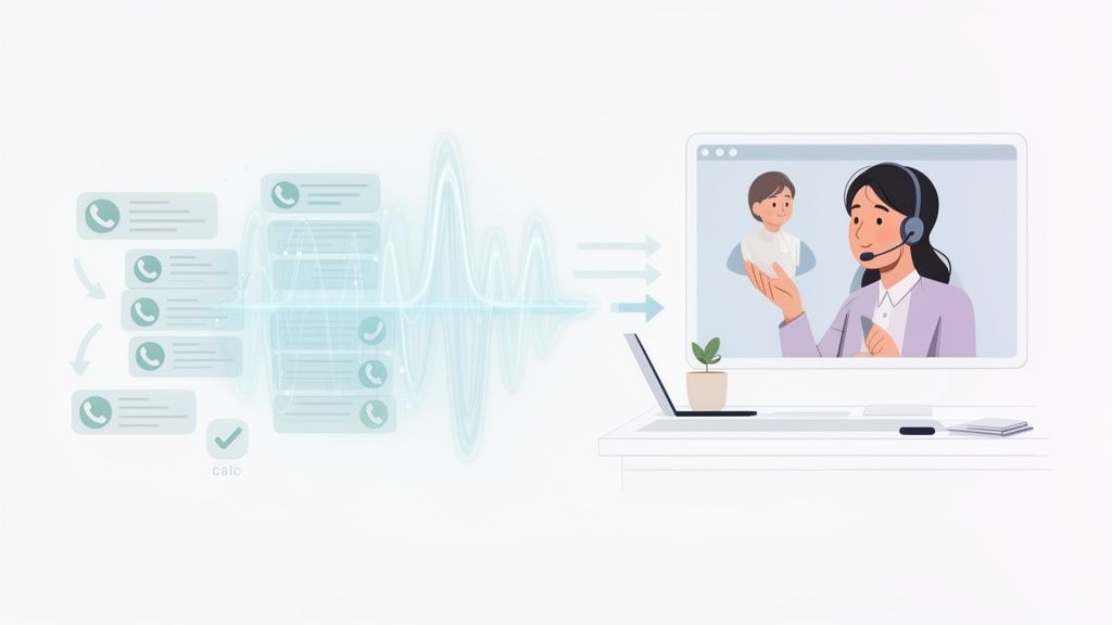 An illustration showing customer calls processed through a waveform, leading to a contact center agent assisting a customer on a screen.